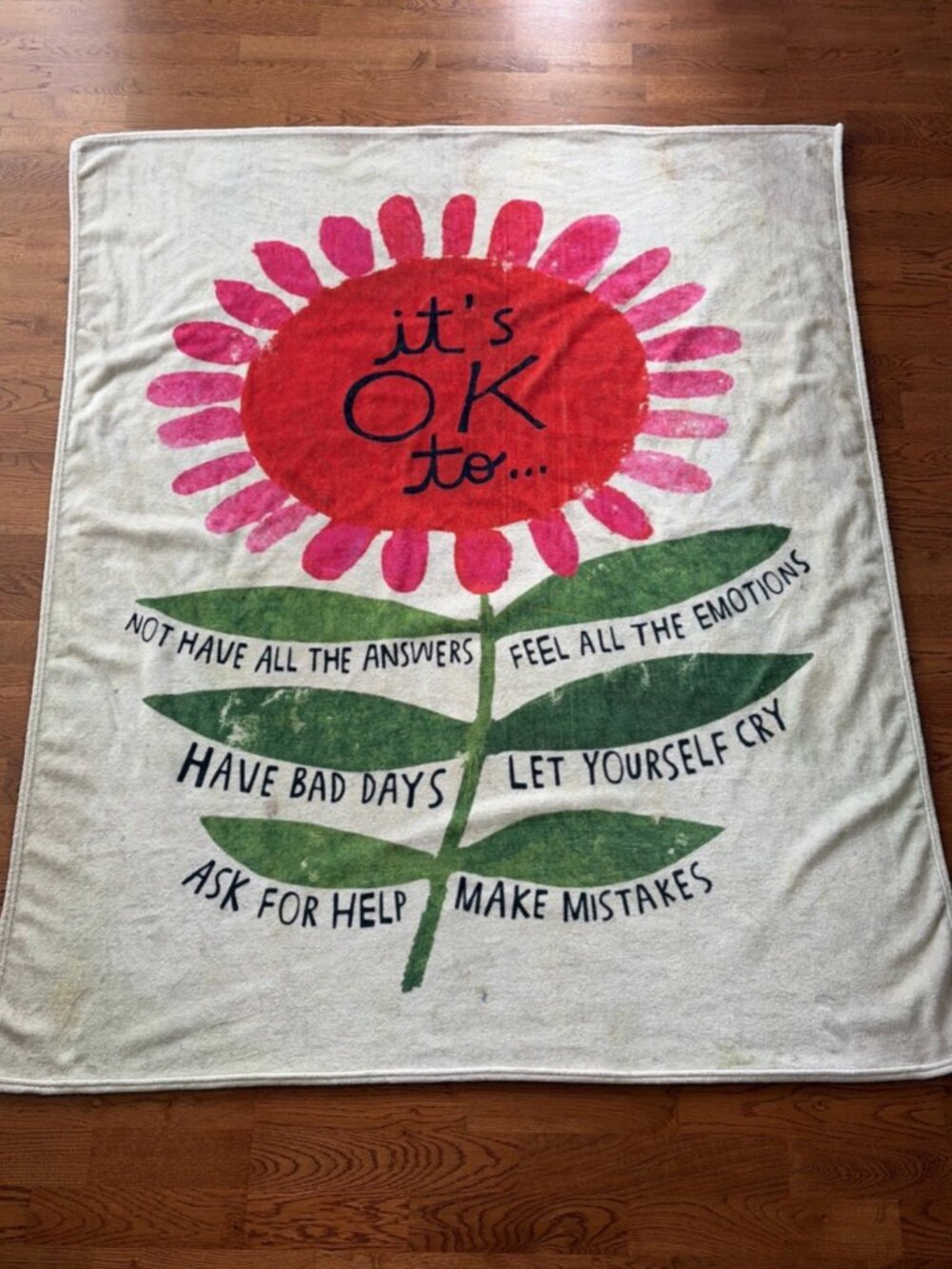 Natural Life Fleece Throw Blanket 50"x60" It's OK to Flower Red Green Cream Boho